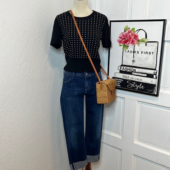 Vintage Escada Black Wool Short Sleeve Sweater with Pearl Studded Accents 36/XS - Picture 2 of 8